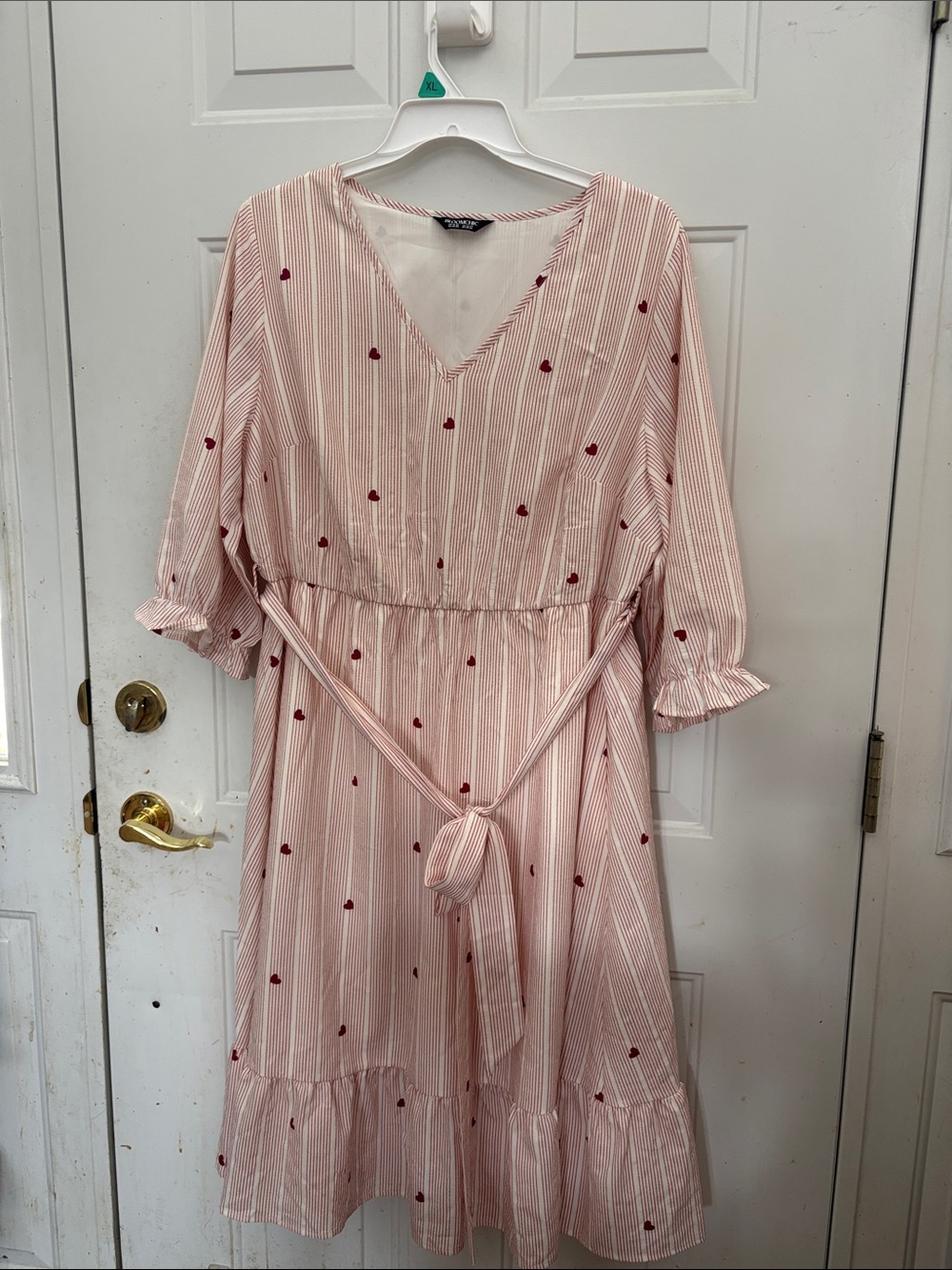 BloomChic Pink Striped Midi Dress with Red Heart Accents